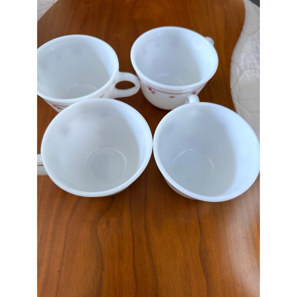 4 Corning Corelle Vintage Pyrex Burgundy Rose Trimmed Milk Glass Coffee Tea Cups